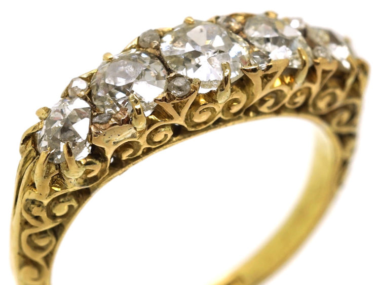 Victorian 18ct Gold, Five Stone Diamond Carved Half Hoop Ring