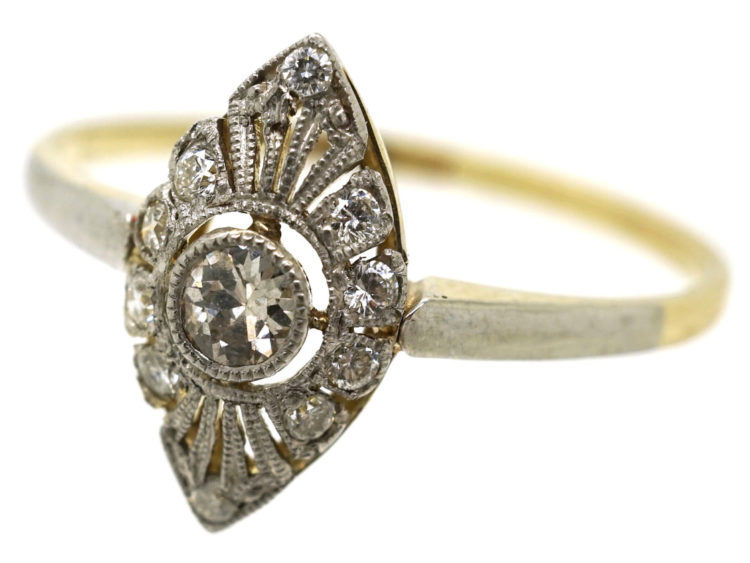 Edwardian 14ct Gold & Platinum, Diamond Set Marquise Ring