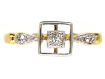 Art Deco 18ct Gold, Platinum & Diamond Square Ring