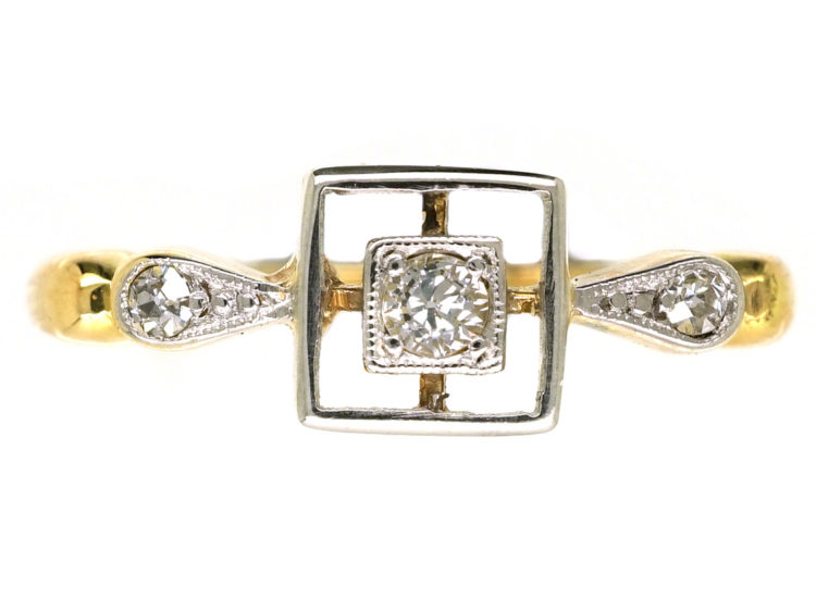 Art Deco 18ct Gold, Platinum & Diamond Square Ring