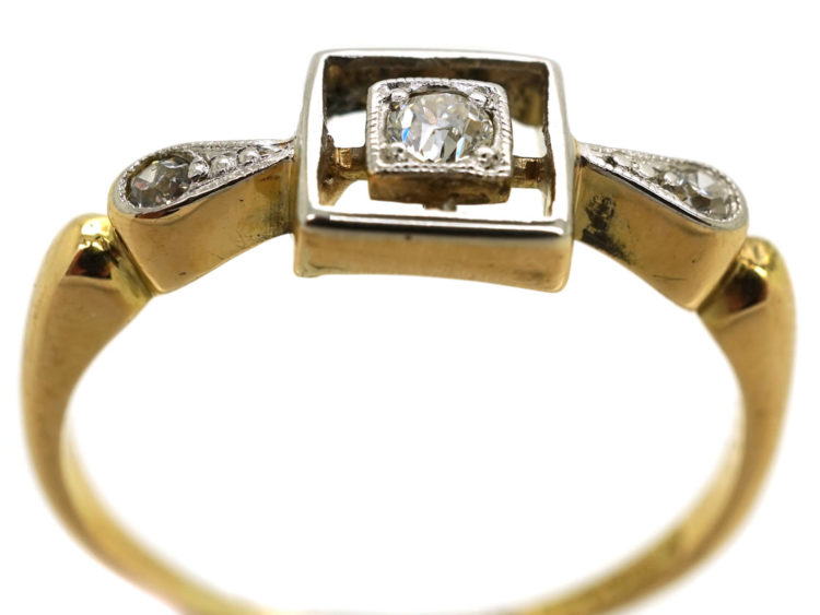 Art Deco 18ct Gold, Platinum & Diamond Square Ring