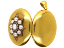 Victorian 18ct Gold Locket With Natural Split Pearl & Rose Diamond Star Motif