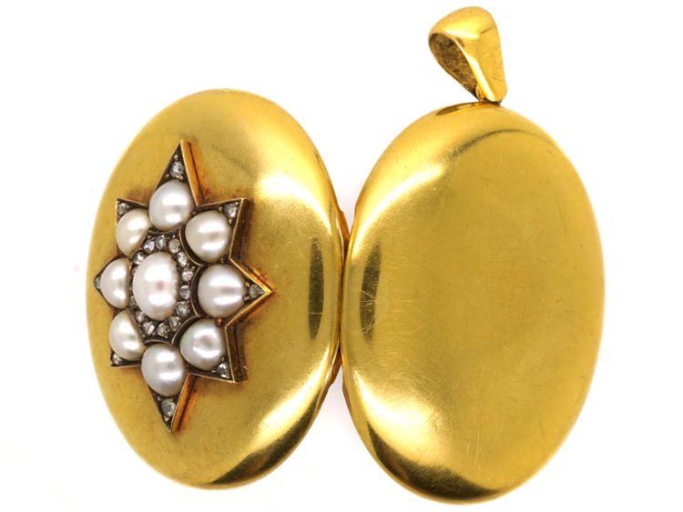Victorian 18ct Gold Locket With Natural Split Pearl & Rose Diamond Star Motif