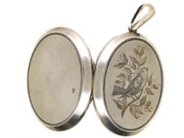 Victorian Silver Oval Shaped Locket With Bird in Bough Motif