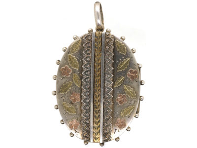 Victorian Silver & Gold Overlay Oval Shaped Locket With Flowers Motif