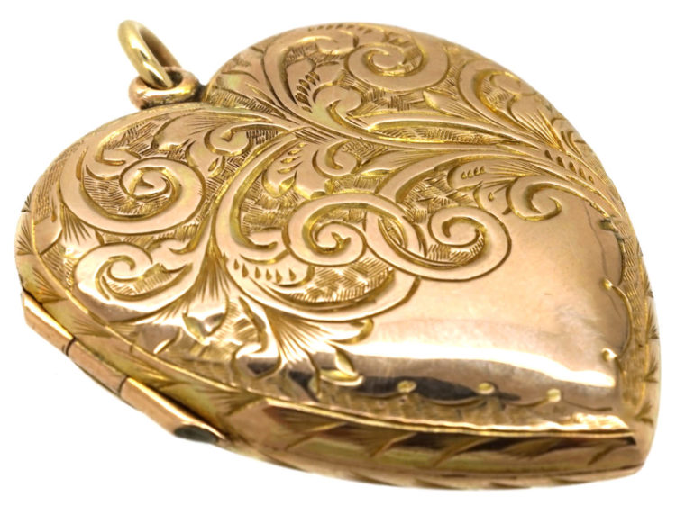 Edwardian 9ct Gold Engraved Heart Shaped Locket