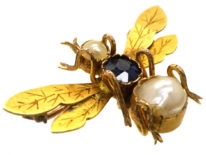 Edwardian 18ct Gold Bee Brooch Set With a Sapphire & Two Natural Pearls