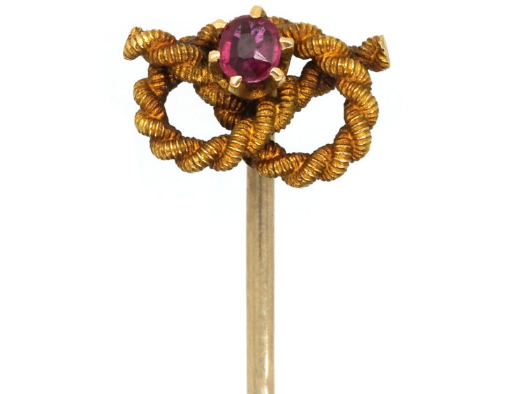 Edwardian 15ct Gold Lover's Knot Tie Pin Set With a Ruby