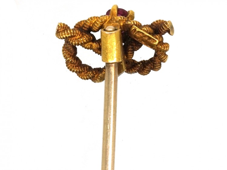 Edwardian 15ct Gold Lover's Knot Tie Pin Set With a Ruby