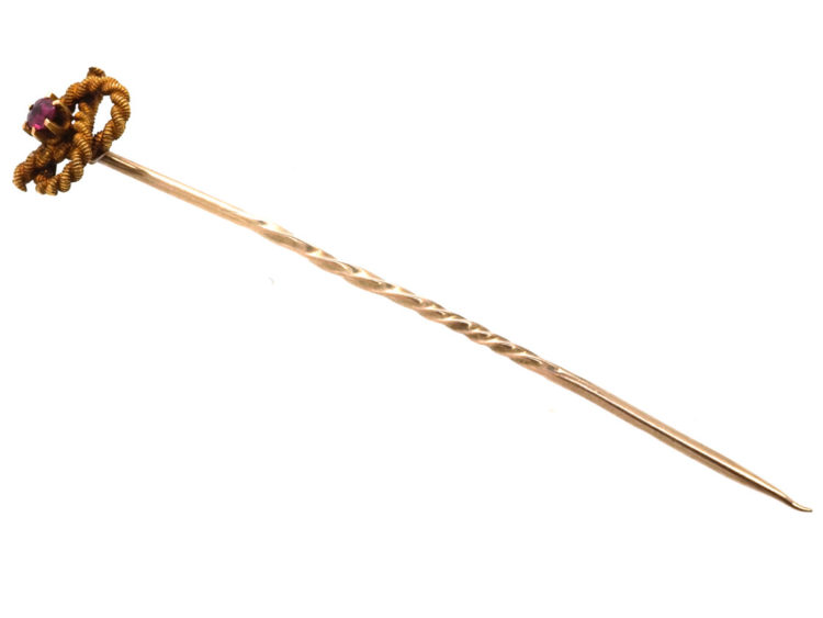 Edwardian 15ct Gold Lover's Knot Tie Pin Set With a Ruby
