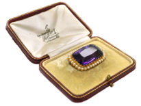 Edwardian 15ct Amethyst & Natural Split Pearl Brooch in Original Case