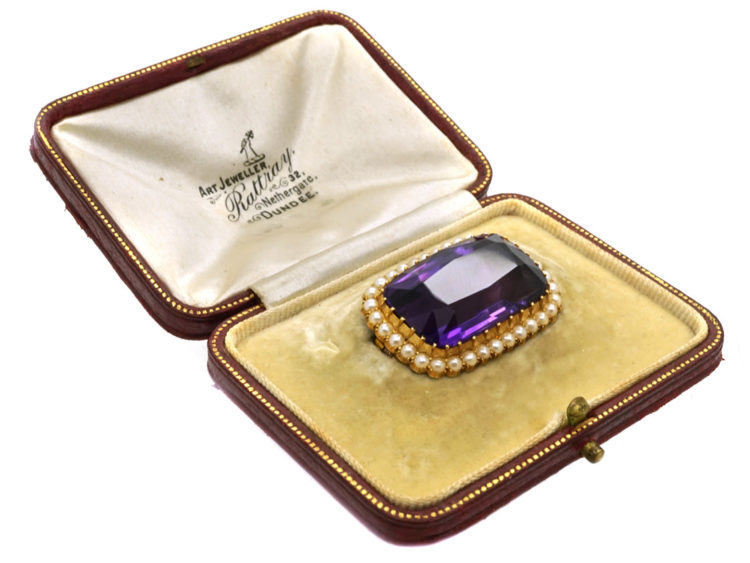 Edwardian 15ct Amethyst & Natural Split Pearl Brooch in Original Case