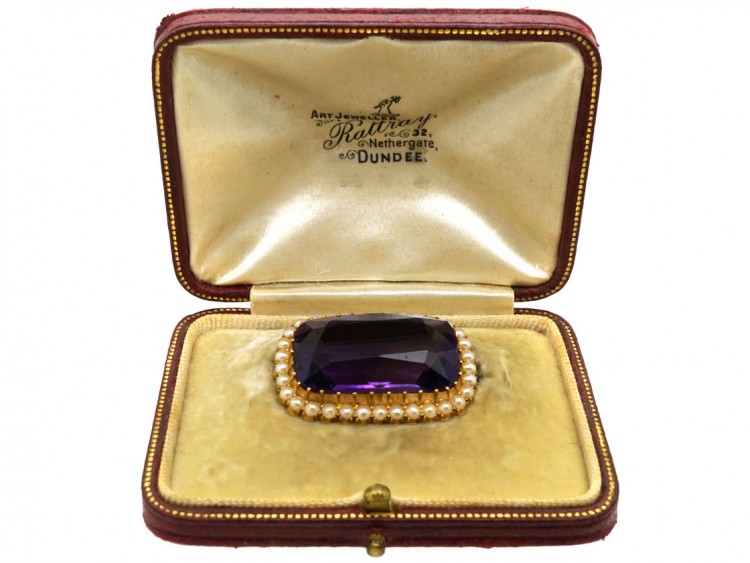 Edwardian 15ct Amethyst & Natural Split Pearl Brooch in Original Case
