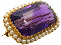 Edwardian 15ct Amethyst & Natural Split Pearl Brooch in Original Case
