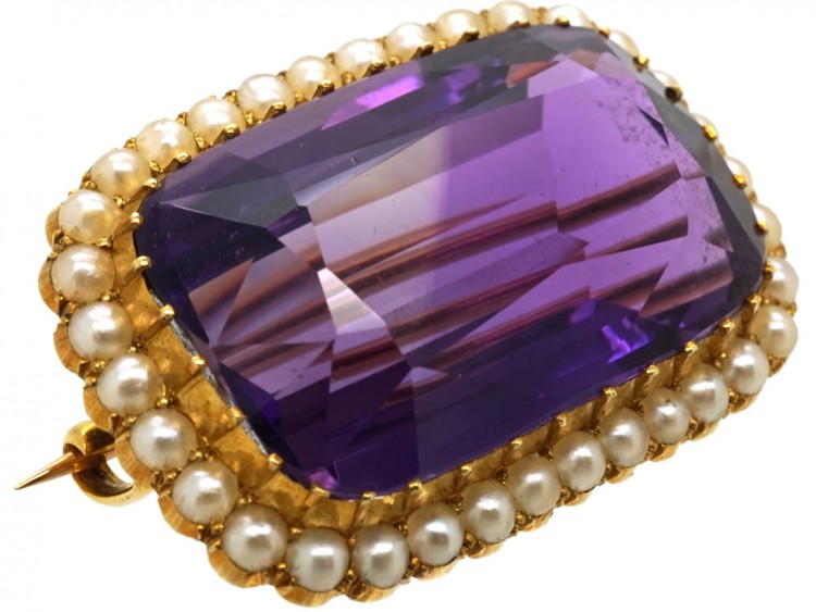 Edwardian 15ct Amethyst & Natural Split Pearl Brooch in Original Case
