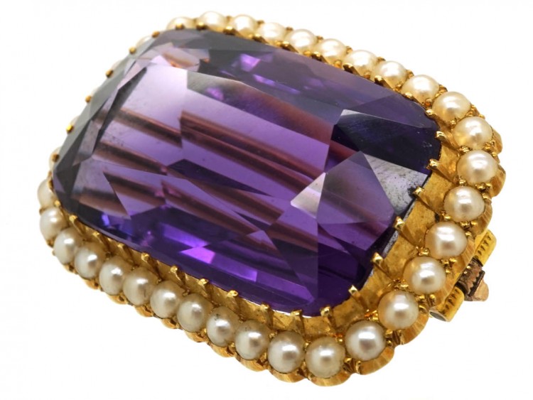Edwardian 15ct Amethyst & Natural Split Pearl Brooch in Original Case