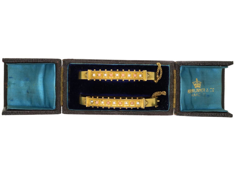 Victorian Matched Pair of 15ct Gold Bangle Set With Coral & Natural Split Pearls in Their Original Case