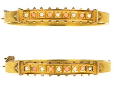 Victorian Matched Pair of 15ct Gold Bangle Set With Coral & Natural Split Pearls in Their Original Case