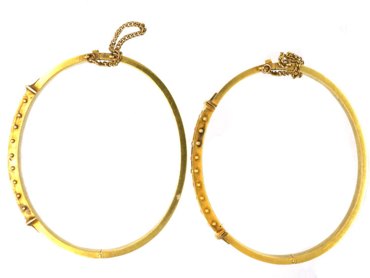 Victorian Matched Pair of 15ct Gold Bangle Set With Coral & Natural Split Pearls in Their Original Case