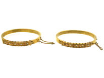 Victorian Matched Pair of 15ct Gold Bangle Set With Coral & Natural Split Pearls in Their Original Case