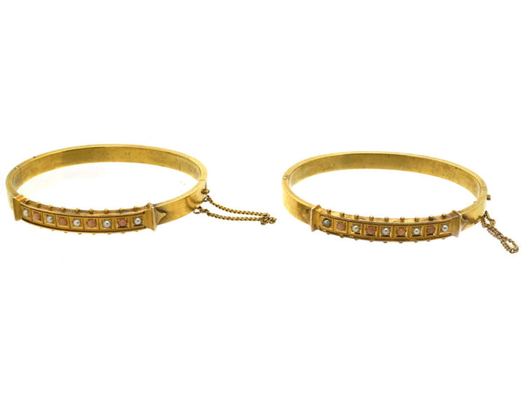 Victorian Matched Pair of 15ct Gold Bangle Set With Coral & Natural Split Pearls in Their Original Case