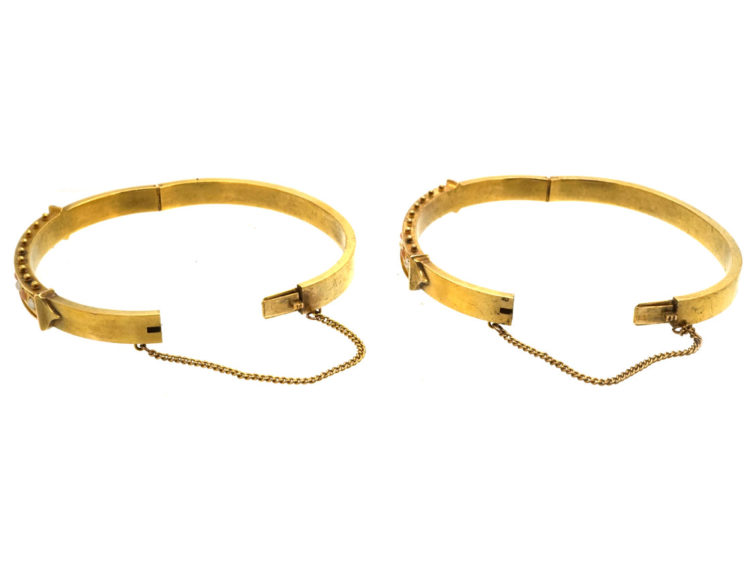 Victorian Matched Pair of 15ct Gold Bangle Set With Coral & Natural Split Pearls in Their Original Case