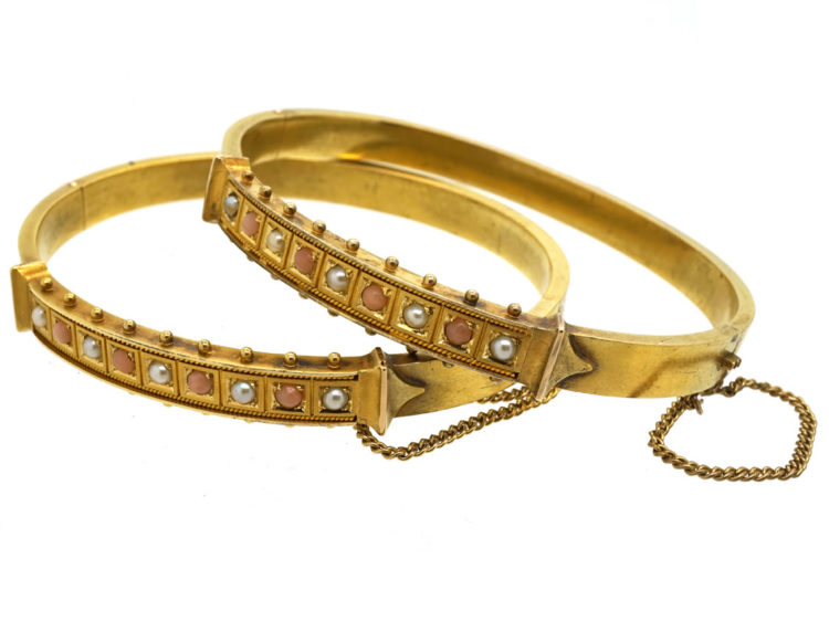 Victorian Matched Pair of 15ct Gold Bangle Set With Coral & Natural Split Pearls in Their Original Case