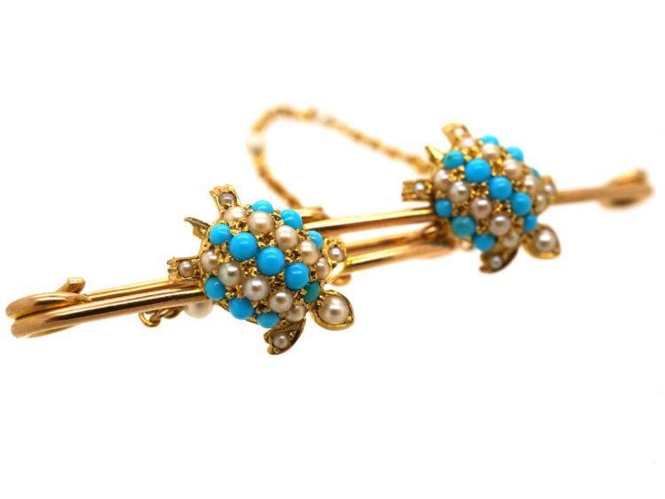 Edwardian 15ct Gold Pair of Tortoise's Brooches in Original Case
