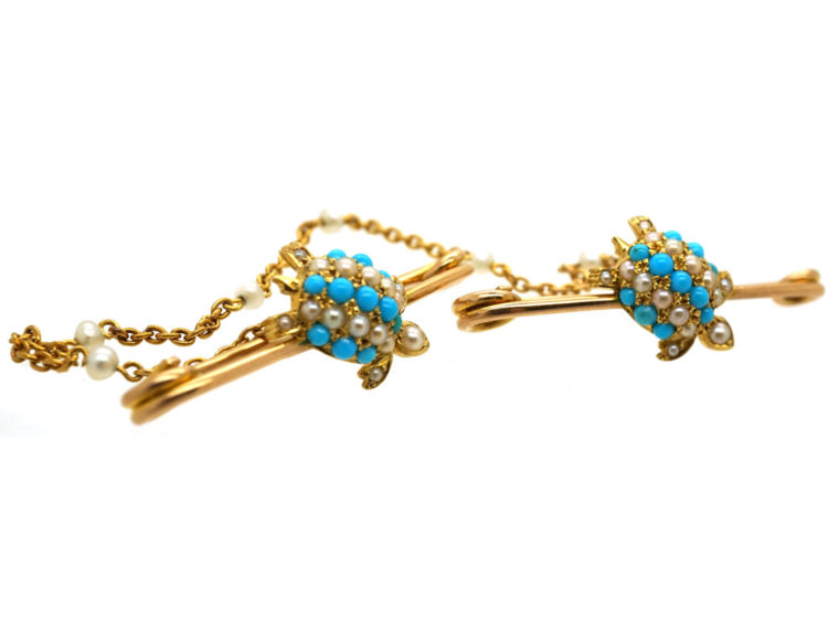 Edwardian 15ct Gold Pair of Tortoise's Brooches in Original Case