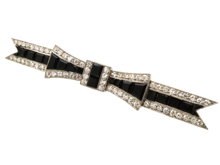 Art Deco Diamond & Onyx Bow Brooch
