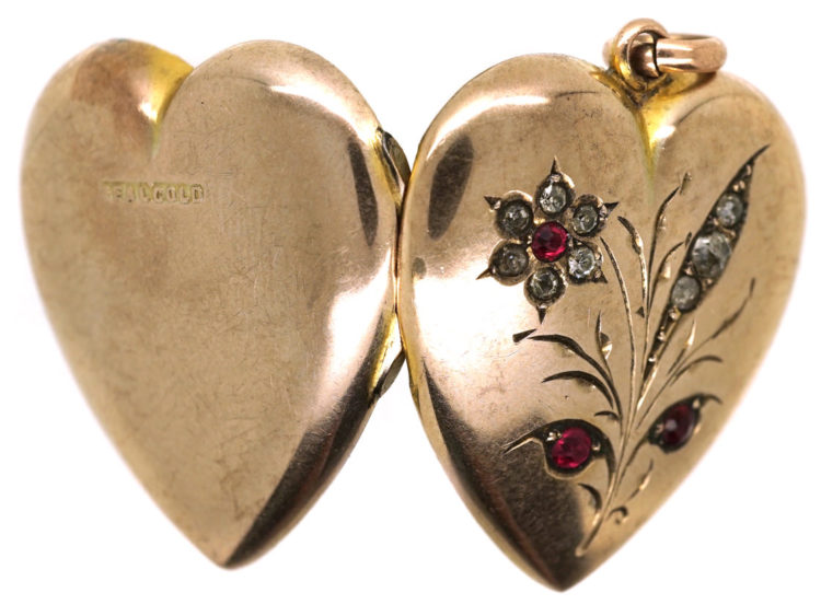 Edwardian 9ct Gold Heart Locket With a Flower Motif Set With Paste