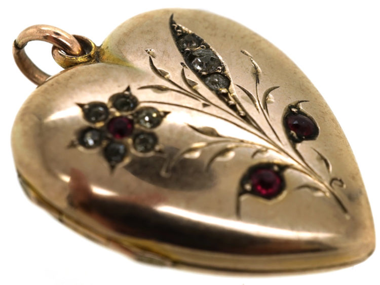 Edwardian 9ct Gold Heart Locket With a Flower Motif Set With Paste