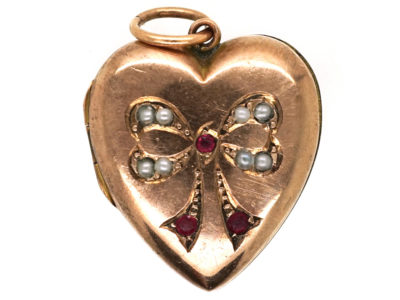 Edwardian 9ct Back & Front Locket With A Bow Motif Set With Garnets & Pearls