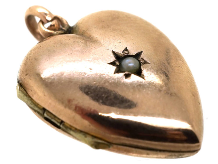 Edwardian 9ct Gold Heart Shaped Locket Set With a Pearl