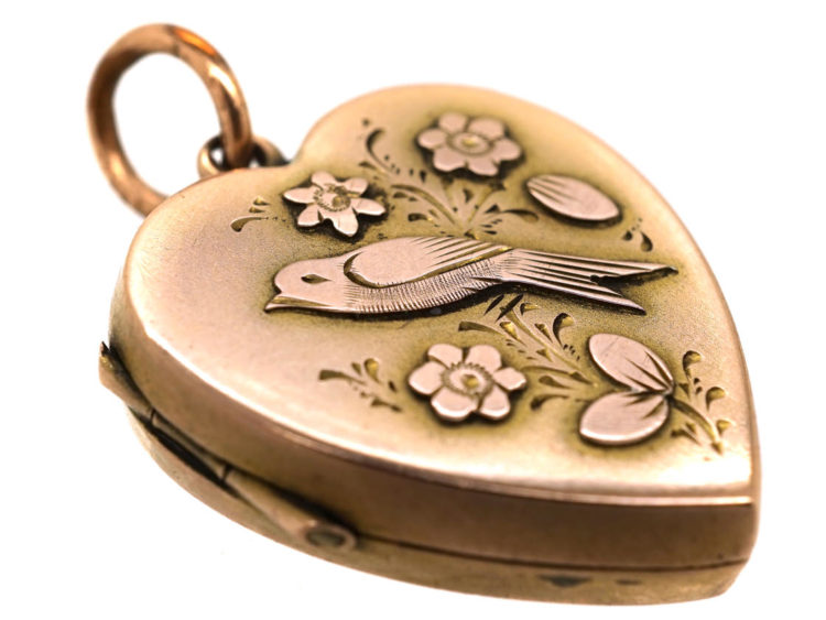 Edwardian 9ct Gold Heart Shaped Locket With Swallow Motif
