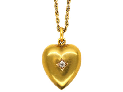 Edwardian 15ct Gold Heart Pendant Set With a Diamond on a 15ct Gold Chain