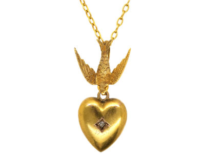 Edwardian 15ct Gold Swallow & Heart Pendant on 9ct Gold Chain