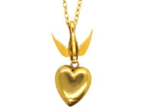Edwardian 15ct Gold Swallow & Heart Pendant on 9ct Gold Chain