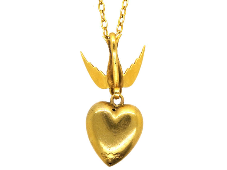 Edwardian 15ct Gold Swallow & Heart Pendant on 9ct Gold Chain