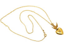 Edwardian 15ct Gold Swallow & Heart Pendant on 9ct Gold Chain