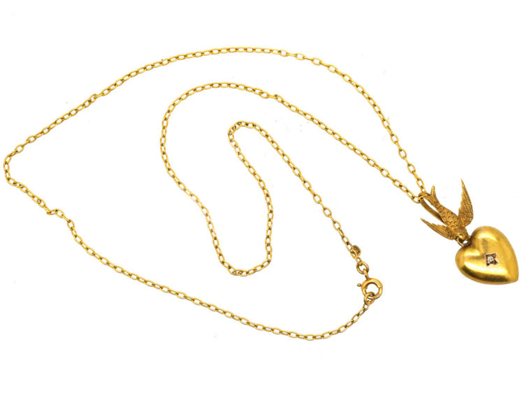 Edwardian 15ct Gold Swallow & Heart Pendant on 9ct Gold Chain