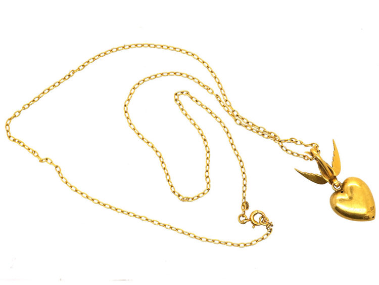 Edwardian 15ct Gold Swallow & Heart Pendant on 9ct Gold Chain