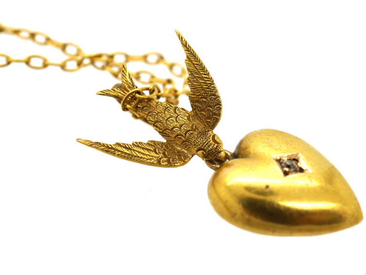 Edwardian 15ct Gold Swallow & Heart Pendant on 9ct Gold Chain