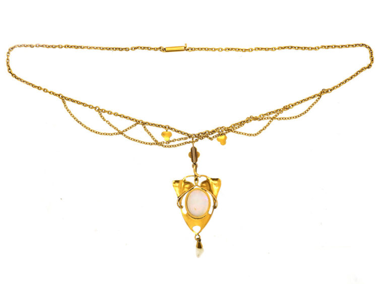 Art Nouveau 15ct Gold, Opal & Natural Split Pearl Necklace
