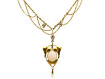 Art Nouveau 15ct Gold, Opal & Natural Split Pearl Necklace