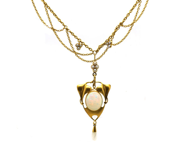 Art Nouveau 15ct Gold, Opal & Natural Split Pearl Necklace
