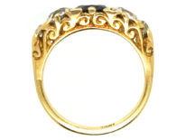 Victorian 18ct Gold, Carved Half Hoop Sapphire & Diamond Three Stone Ring
