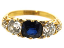 Victorian 18ct Gold, Carved Half Hoop Sapphire & Diamond Three Stone Ring
