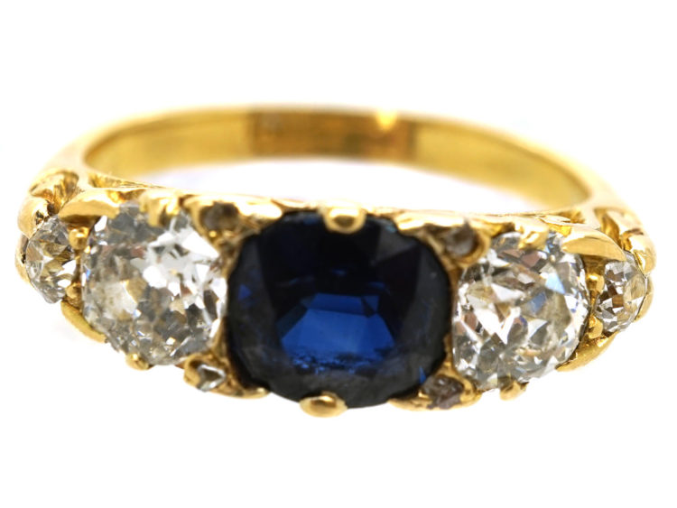Victorian 18ct Gold, Carved Half Hoop Sapphire & Diamond Three Stone Ring