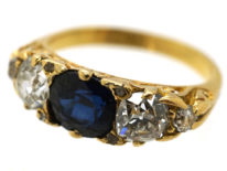 Victorian 18ct Gold, Carved Half Hoop Sapphire & Diamond Three Stone Ring
